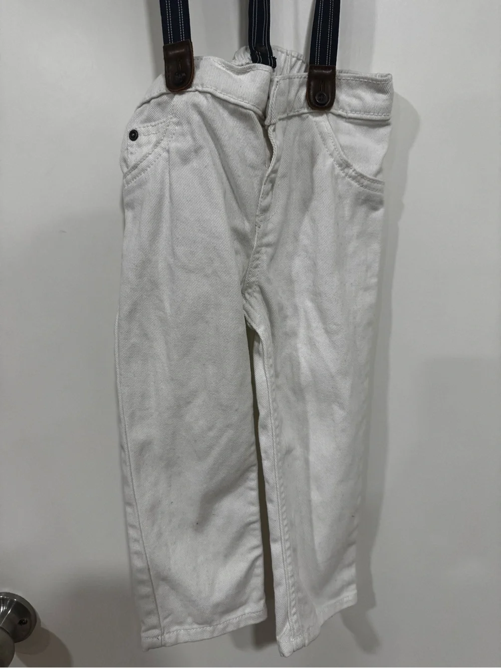 Carters Toddler Boy White Kids Pants with Navy Striped Suspenders 24M